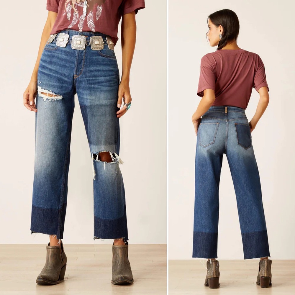 ARIAT Ultra High Rise Jazmine Straight Leg‎ Jeans 28R patchwork raw step hem